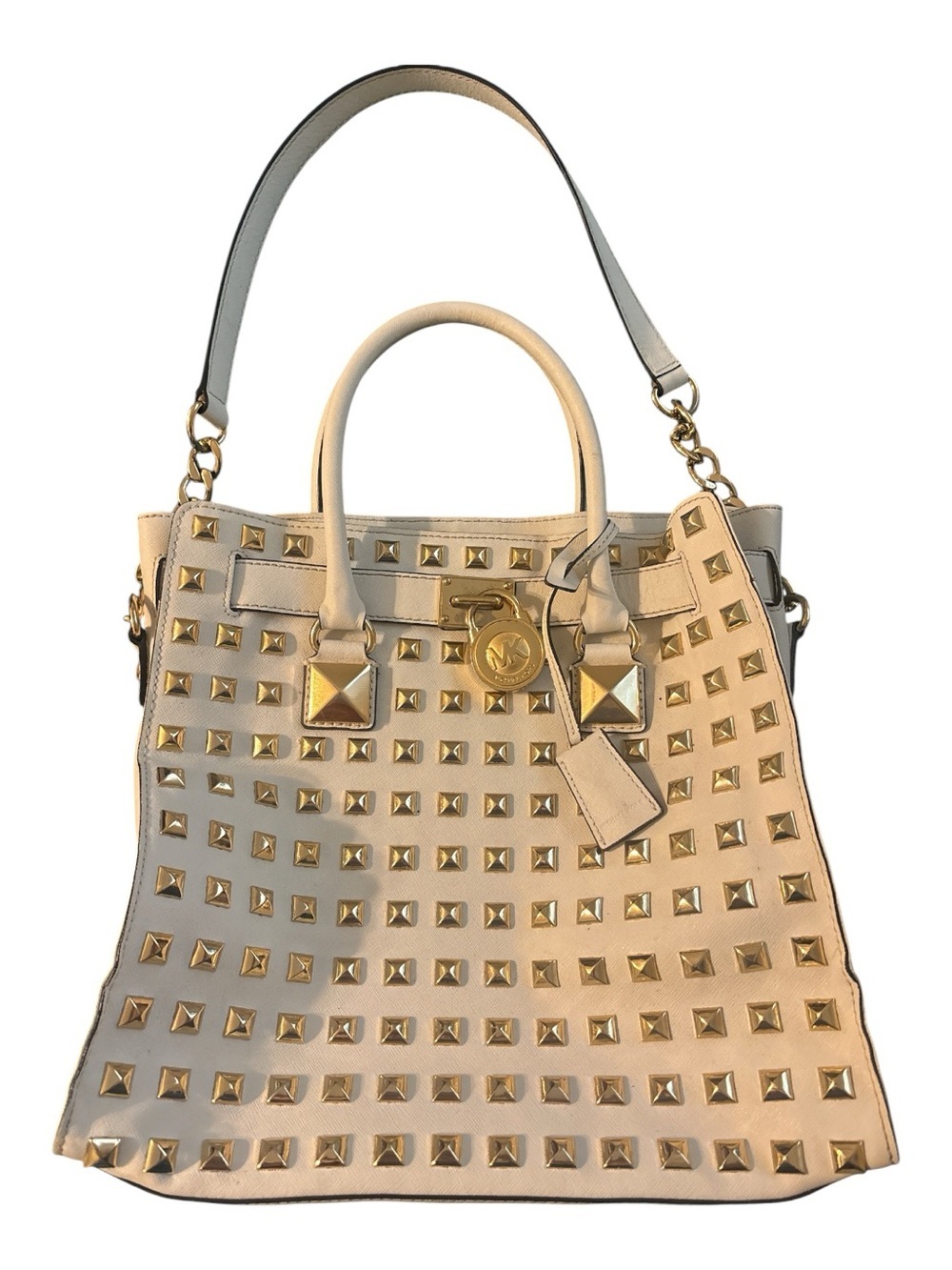 Michael KorsCream Studded Leather Tote Bag with Gold Hardware
